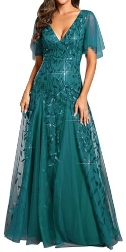 Ever-Pretty Vestidos de Fiesta Mujer Largo Tul Lentejuelas Escote V A-línea Elegantes Verde Azulado 42