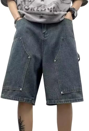 shownicer Pantaloncini Jeans da Uomo Pantaloncini Hipster Baggy Jeans Cargo Vintage Pantaloni Corti Streetwear Hip Hop retrò Pantaloni da Skate C Blu S