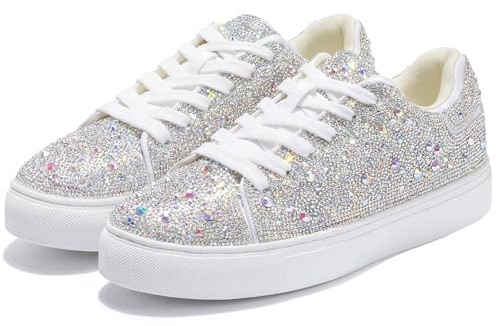 Suokdil Sparkle Rhinestone Sneakers for Women - Bling Fashion Bedazzled Platform Tennis Shoes - White Glitter, Sequin Wedding and Party Shoes