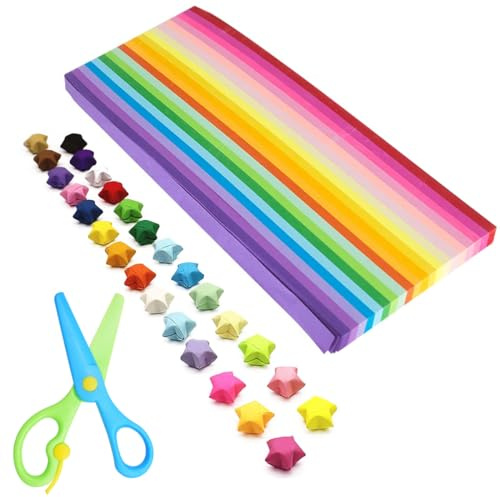 1080 Piezas Tiras de Papel de Estrella de Origami Papel Estrella Color Origami de Suerte de Doble Cara Estrella Papel Plegable Regalo Manualidades DIY para Niños Adultos 1Pcs Tijeras de plástico