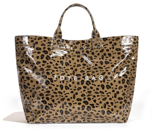 Lushandy PVC Tote Bag Women's Plastic Tote Purse Large Letters Print Hobo Handbag for Work, Beach, Gift (Brown Leopard)
