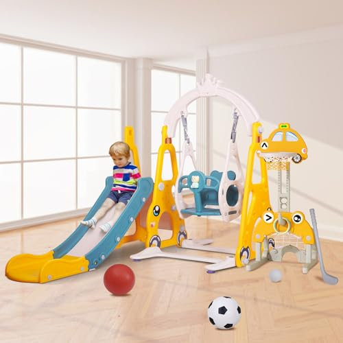 Tobogán Infantil 7 en 1 con Columpio y Soporte para Baloncesto Tobogán de Interior y Exterior con Portería de Fútbol, Juegos de Golf y Juego de Anillo, Regalo para Niños (Amarillo)