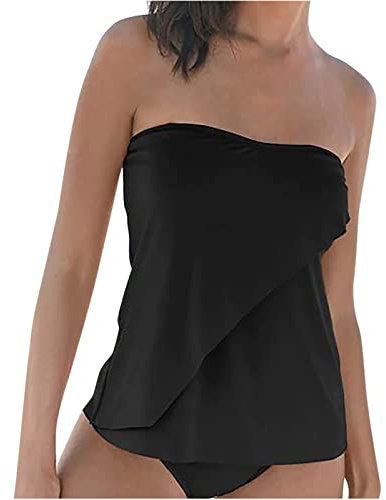 duxyoz Ensemble tankini bandeau pour femme taille haute - Maillot de bain gainant - Maillot de bain uni - Taille haute - Maillot de bain sans bretelles - Maillot de bain sans bretelles, 01 Noir, XXL