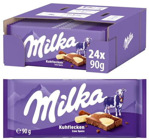 Milka Kuhflecken Alpenmilch Tafelschokolade, 90 g (24er-Pack) | Leckere Alpenmilchschokolade mit weißer Schokolade im Kuhfleckendesign, ideal zum Teilen