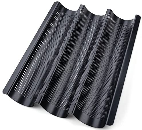 Generisch Baguette Backform für 3 Baguettes mit Antihaftbeschichtung, Baguetteform, 38.5 x 28.5cm, Baguetteblech, Brotbackform, Backform Brot, Backformen,Brot Backen Zubehör, Schwarz