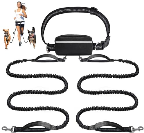 Joggingleine für 2 Hunde mit Bauchgurt, Reflektierend Bauchgurt Hundeleine für 2 Dog Joggen, Doppelleine für 2 Hunde, Elastische Hundeleine, Freihändige Hundeleine für Joggen Laufen Wandern