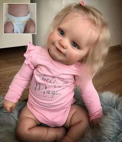 MineeQu 20 Zoll Realistische Baby Puppe Lebensechte Reborn Baby Puppen Lachendes Neugeborenes Mädchen Vinyl-Vollkörper mit Blondem Gewurzelten Haar & Rosa Outfit