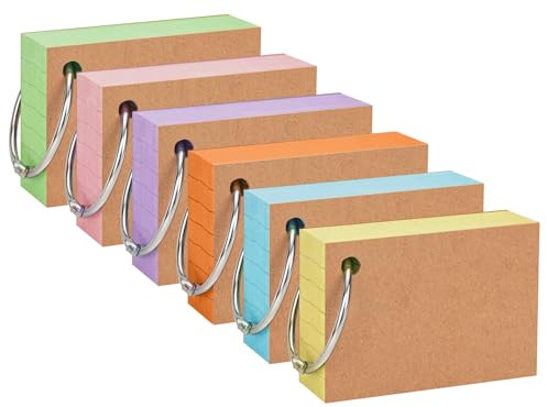 OWLKELA Lot de 600 cartes flash A8 7,4 x 5,1 cm, 6 couleurs, cartes de révision lignées avec papier kraft et 6 anneaux de classeur, cartes d'étude pour bureau, école et maison