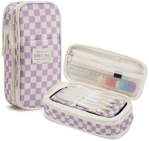 VICDUEKG Federmäppchen Mäppchen Federtaschen Etui 4 Fach Schulmäppchen Große Kapazität kariert Pencil Case Stifttasche für Schule & Büro (Lila)