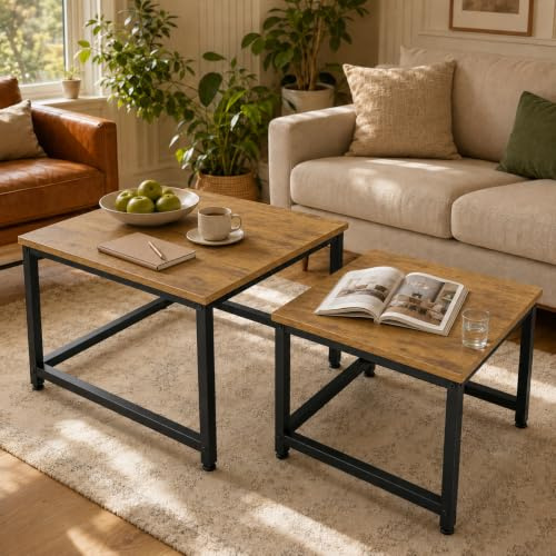 Hawthyhome quadratisch couchtisch 2er Set Holz, Braun | Wohnzimmertisch aus Holz mit Metallrahmen, Moderner Beistelltisch Kaffeetische für Wohnzimmer Schlafzimmer