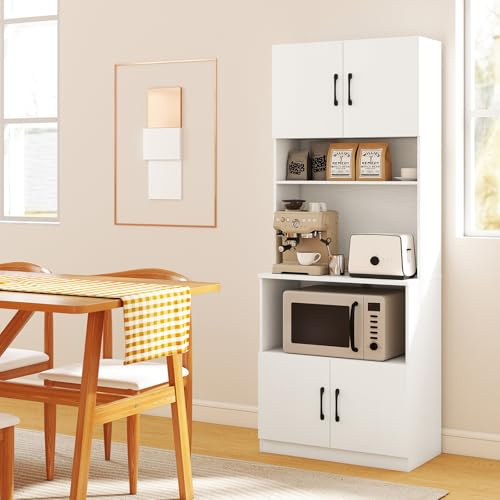 GIANTEX Armadietto portaoggetti con prese elettriche, credenza da cucina stretta, indipendente, a 4 porte, forno a microonde e 2 ripiani regolabili, mobile di immagazzinaggio per soggiorno e sala da