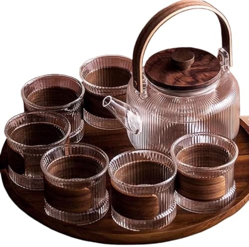 Service à thé en verre avec théière côtelée, 8 tasses, plateau en bois, théière en cristal transparent avec poignée, capacité de 1,8 l, service de service traditionnel japonais