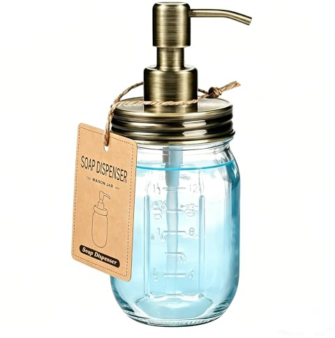 Amolliar 16Oz Glass Mason Jar Liquid Soap Dispenser w/Metal Pump, Brass | Vintage Soap Dispenser, Refillable Lotion Dispenser, Farmhouse Decor, Hand Dish Soap for Bathroom Kitchen, Bathroom Accessory