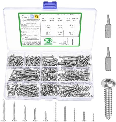 305 Pcs Stainless Steel Self Tapping Screws, M3 M4 Round Head Torx Screws Set, Self Drilling Chipboard Wood Screw Kit for DIY WoodWork Repairs Sheet Metal Screw Set