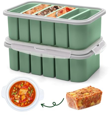 FARYODI Recipiente de silicona para congelación con 6 agujeros, 2 piezas de cubitos de hielo con tapa, recipiente de almacenamiento para sopa, cubo de hielo, caldo, salsa o mantequilla (verde 6