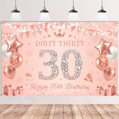 Tasoraor Deko 30 Geburtstag Frau Banner - Rosegold 30. Geburtstagsdeko Happy Birthday Hintergrund 180 x 110 cm, Stoff Wand Dekoration für 30 Jahre GeburtstagSparty