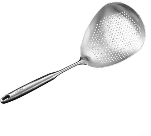 NbgrvB Cucchiaio filtrante in acciaio inox 304 con fori densi per tagliatelle, gnocchi, uova e drenaggio efficiente, 35,8 x 12,7 cm, argento