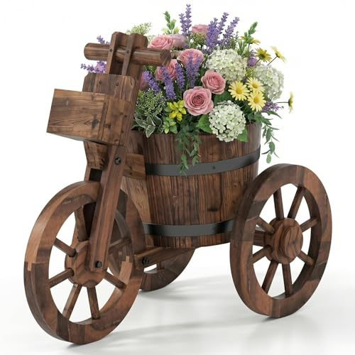 COSTWAY Fioriera a Triciclo in Legno, Bicicletta Porta Fiori con 3 Ruote, Foro di Drenaggio e Guanti, Fioriera Rialzata da Interno ed Esterno per per Terrazzo, Giardino e Cortile