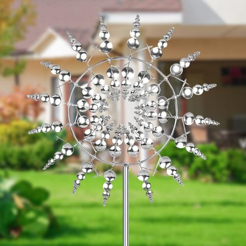 Magische Windmühle aus Metall, 3D Windspiel Garten, Windrad Garten Dekoration mit Metallpfahl, Wind Spinner Gartens für Terrasse, Rasen, Innenhof Landschaft Dekoration (Silber)