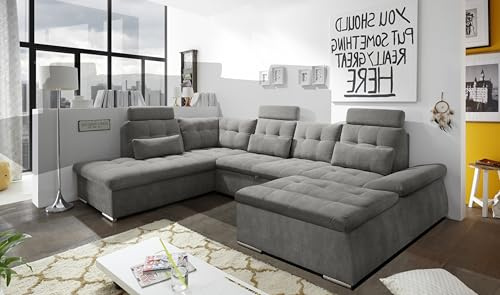 Stella Trading NALO Wohnlandschaft in U-Form, Stoffbezug Stone - Ausziehbares Sofa mit Schlaffunktion & Bettkasten - 324 x 107 x 170 (218) cm (B/H/T)