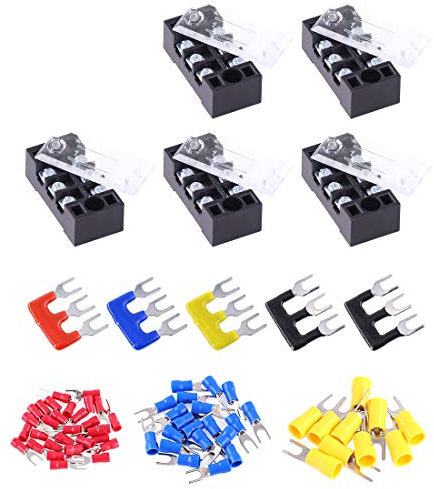 Glarks 70Pcs(5Sets) Terminal Block Set, 5Pcs 3 Positions 600V 15A Dual Row Screw Terminals Strip + 5Pcs Pre-Insulated Barrier Strips + 60Pcs Insulated Fork Wire Connector (3P+Fork Connector)