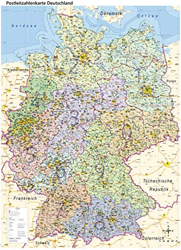 Postleitzahlenkarte von Deutschland mit beidseitiger Laminierung Poster, DIN A0, 84 x 114 cm