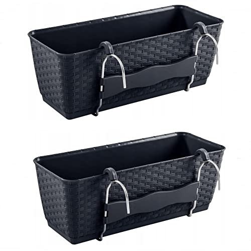 R.G. 2X Blumenkasten Set Balkonkasten Blumentopf Rattan Optik Aufhängung 50cm Pflanzkasten Geländer Kasten Anthrazit