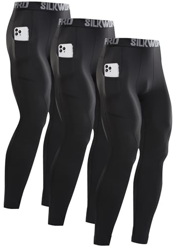 SILKWORLD Men's Thermal Underwear Compression Leggings with Pockets Athletic Cold Weather Base Layer,C1_Fleece Lined_3pack_Black#3,Medium