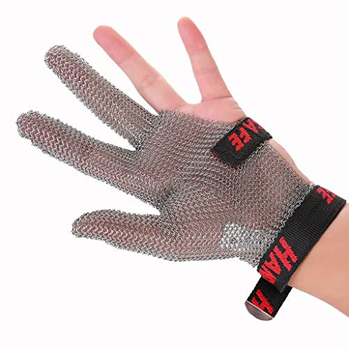 BCPPO Kettenhandschuh Schnittfeste Handschuhe Aus Edelstahl, Sicherheitsarbeitshandschuhe for Schneiden Von Glas, 3-Finger-Kettenhemdhandschuhe, Verstellbare Handschlaufe (Size : A Pack of one/M)
