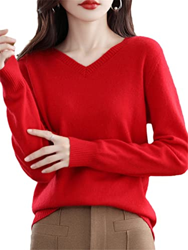 Youllyuu 100% Merino Wool Cashmere Sweater Women's V-Neck Pullover Autumn Winter Knitted Jumper Tops Red L