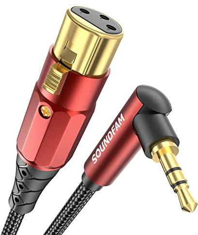 SOUNDFAM Klinke auf XLR PREMIUM Mikrofonkabel 2M, 90 Grad Rechtswinkel 3.5mm Klinke (TRS, Aux) Stecker auf XLR Buchse Unsymmetrische Audio Anschluss Kabel (Weinrot)