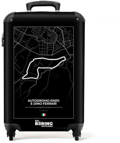 NoBoringSuitcases© Koffer Handgepäck Trolley Rollkoffer Kleine Reisekoffer | 55x35x20 cm - mit 4 Rollen - Rennstrecke - F1 - Autodromo Enzo e Dino Ferrari - Italien - Schwarz und weiß - Fotokoffer
