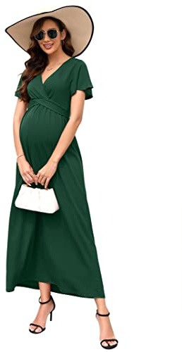 KOJOOIN Damen Umstandskleid V-Ausschnitt Langes Stillkleid Kurzarm Elegant Falten Schwangerschaftskleid Dunkelgrün(Kurzarm) XL