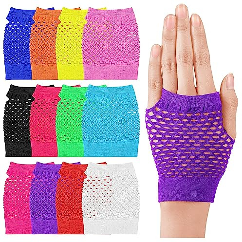 Carnavalife 24 guanti a rete senza dita guanti a rete per bambina donna costume 80 anni 80 rocker vintage retrò neon discoteca Halloween carnevale, 24 pezzi multicolore SHORT, Taglia unica