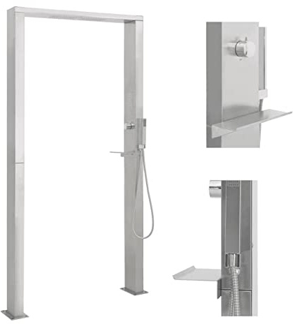 ARKEM Doccia da Giardino in Acciaio Inox a Doppio Getto con Pedana e Soffione, Rustico - per Piscina, Campeggio