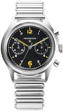 PRAESIDUS | 𝗣𝗔𝗖-𝟳𝟲 - Orologio cronografo, Orologi da polso da uomo - Pilota, Militari - Cassa da 38 mm, Quadrante Nero Popcorn - Bracciale Bonklip, Assemblato negli Stati Uniti | Regali per Uomo