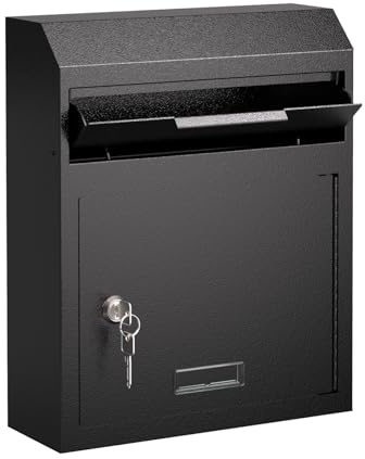 Metateel Wall Mounted Locking Mailbox – Heavy Duty Key Drop Box with Anti-Theft Design for Rents Cash Mails Deposits Checks Envelopes – Ideal for Home, Office, School, 12W x 4.25D x 14.75H (Black)