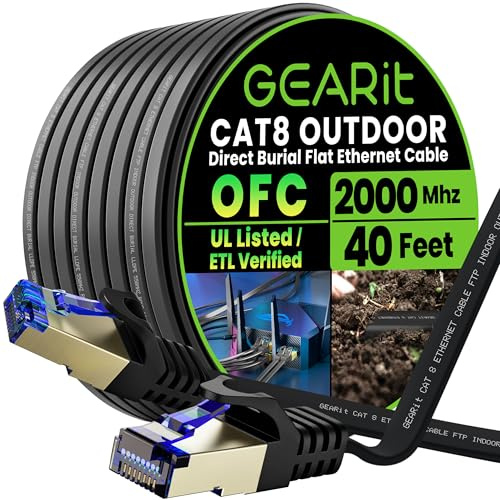 GEARit Cat 8 Outdoor Flat Ethernet Cable (40ft, Black) Direct Burial Rated LLDPE Jacket - Indoor Cat8 Shielded FTP 2000Mhz 40Gbps High Speed Gaming Computer Network RJ45 Snagless Patch Cord Internet