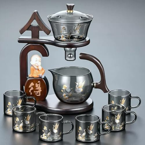 YoeEoay Lazy Kungfu Glasteeservice Teekanne Goldenes Muster des Rotkronenkranichs Glass Cups Chinesisch Semi Automatic Tea Set Teekanne Mit Magnet Tee Services Set Teeservice Vintage Tee Geschirr Set