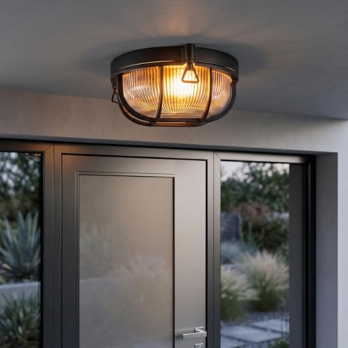HOFSTEIN Außendeckenleuchte Godel, Außendeckenlampe aus Metall/Riffelglas in Schwarz/Klar, Deckenleuchte draussen im Industrial/Retro/Vintage-Design für Eingangsbereich, Balkon, Terrasse, E27, IP44