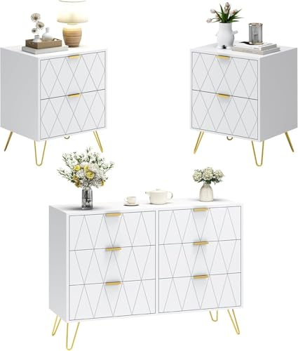 UEV 3er-Set Schlafzimmer Möbel, Kommode mit 6 Schubladen + 2 Nachtisch Weiß | Schlafzimmer Komplett-Set mit Metall-Griffe &-Beine, Kommode modern für Wohnzimmer Schlafzimmer Flur