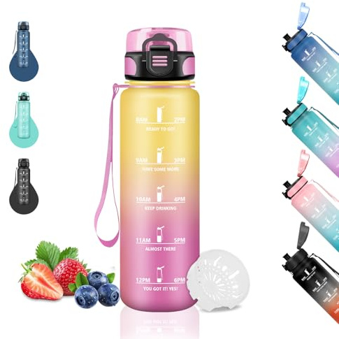 Barnflaska, 0,5 liters flaska, motiverande vattenflaskor, läckagefria, skolflaskor med tidsskala, lätt att rengöra, flaskor för skola, camping, kontor, resor, gul-rosa