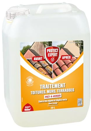 Protect Expert Traitement Anti Algues Lichens Terrasses Toitures - 20L | Anti Dépôts Verts Murs Façades - Prêt-À-Verser - 400m² - Grandes Surfaces - Préventif Curatif Efficace - AMTPL20N