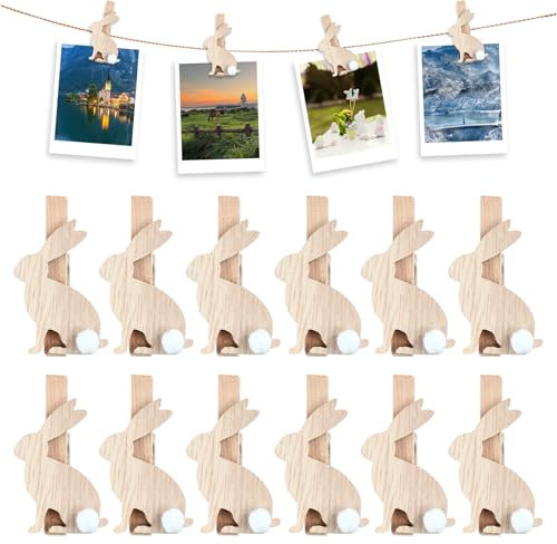 Pinzas de Ropa Mini,12 Piezas Pinzas de madera de conejo para Pascua,pinzas de madera con conejo,Mini Pinza de Madera,Pinzas Madera Pequeña Postales Clips Decorativos para Fotos y Manualidades (B)