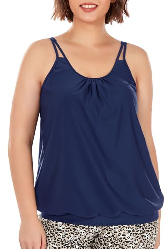 Ocean Blues Blusa tipo tankini para mujer, talla grande, con tirantes | Diseño de torso largo, almohadillas extraíbles, comodidad sin alambre, cobertura modesta para vacaciones en la playa y