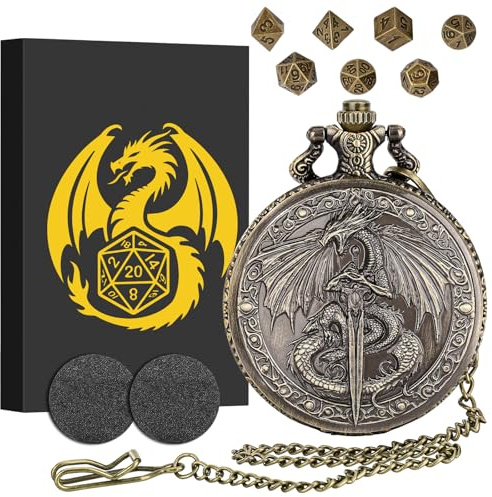 Mini Set di Dadi DND, Drago Volante Che Tiene La Spada Custodia per Orologio da Tasca, 7 pezzi in Metallo Poliedrico Set di Dadi D&D, Regali di D&D con Regalo, Accessori per Giochi di Ruolo, Bronzo