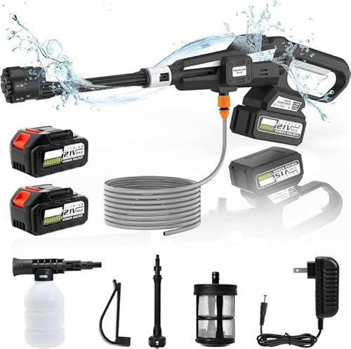 Nettoyeur Haute Pression Buse 6-en-1, 200 Bar Pistolet Haute Pression sans Fil avec 2 Batteries, Réglage de la Pression de l'eau à 3 Niveaux, Tuyau de 5 m, pour Nettoyer Voitures, Balcons et Jardins