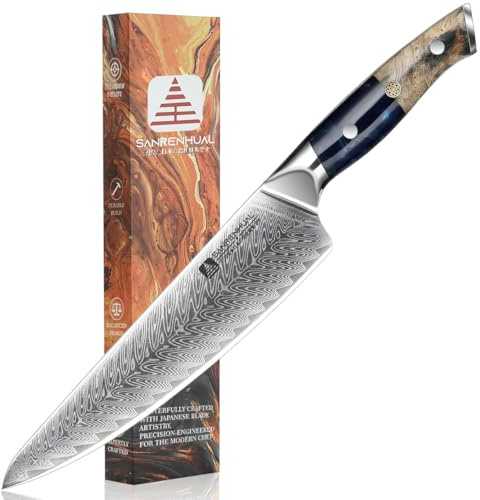 SANRENHUAL Couteau de chef classique damas 20cm, couteau de cuisine fin et léger super tranchant, couteau de cuisine japonais damas pour, couteau de chef professionnel à manche en résine