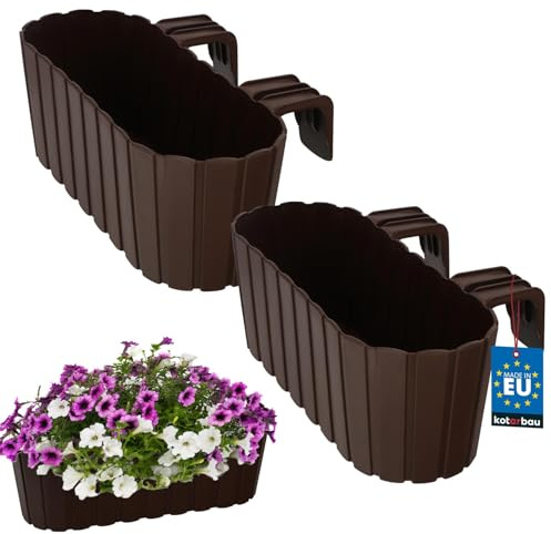 KOTARBAU® Blumenkasten für Balkon 40x15x15 cm, Balkonkasten mit Halterung | Blumenkasten für Balkongeländer, Balkon Pflanzkasten oval, Balkon Deko, Balkonkästen aus Kunststoff, Braun, 2er Set