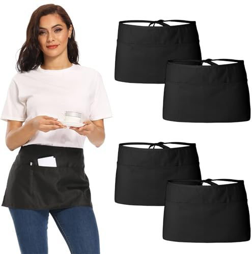TFLPUO Vorbinder, 4 Stück Kellnerschürze Schwarz Kurz Schürze Wasserdicht Halbschürze mit 3 Taschen Damen Herren für Restaurant Kochen Backen (Schwarz)